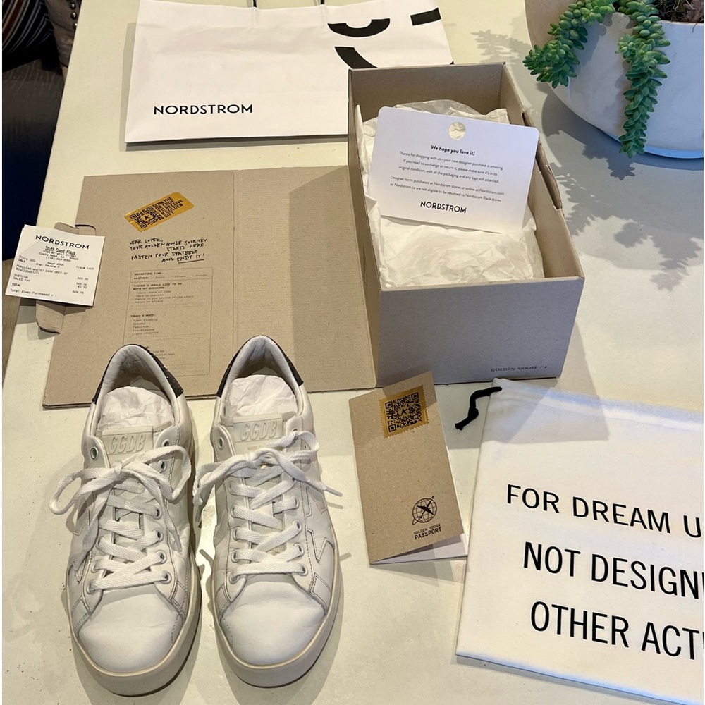 Womens Golden Goose White Purestar Sneakers with Dark Metallic Grey Glitter Heel